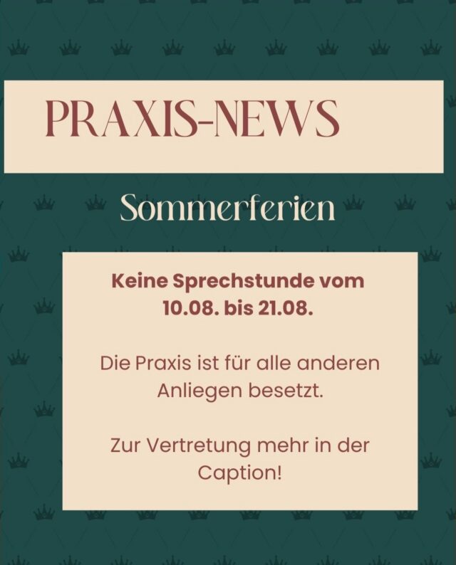 ☀️ Unsere Sommerpause in der Sprechstunde beginnt bald!

Vom 10.08. bis 21.08. findet keine tierärztliche Sprechstunde statt.

Die Praxis ist aber weiterhin besetzt und unser Team unterstützt Euch gerne bei organisatorischen Anliegen, bei Futter- und Medikamentenabholung.

🩺 Für akute tierärztliche Anliegen übernimmt während unserer Sommerpause die Tierarztpraxis in den Havelauen in Werder (Dr. Vetrella) an 7 Tagen die Woche unsere Vertretung.

Ab dem 24.08. sind wir wieder mit frischer Energie voll und ganz für Euch und Eure Tiere da.

Wir wünschen Euch und Euren Vierbeinern eine entspannte Sommerzeit. 🐾💛